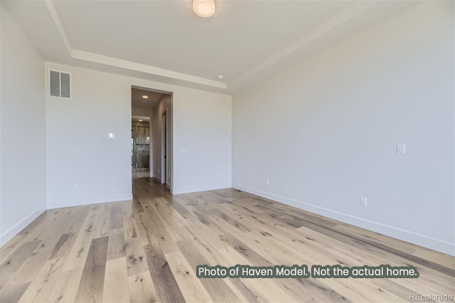 empty room with light hardwood / wood-style floors and a raised ceiling