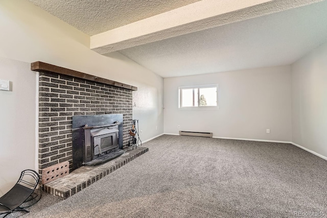 15531 E Jewell Pl, Aurora, CO 80013 - unfurnished living room featuring a baseboard radiator, a fireplace, a textured ceiling, carpet floors, and baseboards