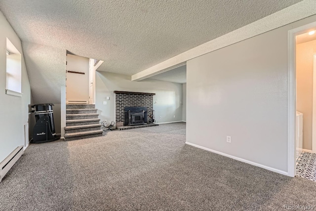 15531 E Jewell Pl, Aurora, CO 80013 - unfurnished living room featuring a textured ceiling, a fireplace, a baseboard heating unit, carpet, and baseboards