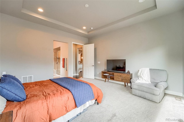 bedroom with baseboards, visible vents, a raised ceiling, carpet flooring, and recessed lighting