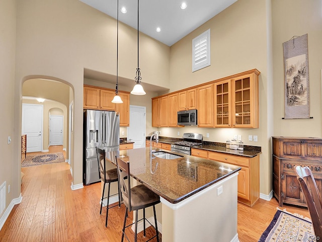 9246 Sori Ln, Highlands Ranch, CO 80126 - kitchen featuring a towering ceiling, stainless steel appliances, a sink, arched walkways, and a center island with sink