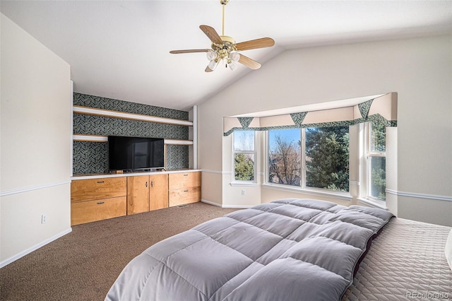 8825 Fairview Oaks Pl, Lone Tree, CO 80124 - bedroom featuring multiple windows, carpet flooring, lofted ceiling, and a ceiling fan