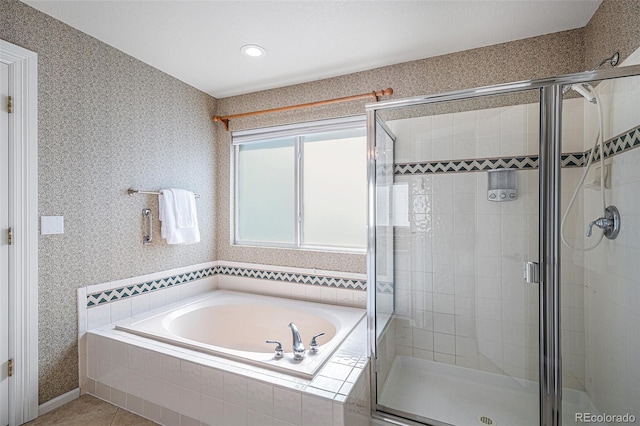 8825 Fairview Oaks Pl, Lone Tree, CO 80124 - full bath with a bath, a shower stall, wallpapered walls, tile patterned floors, and recessed lighting
