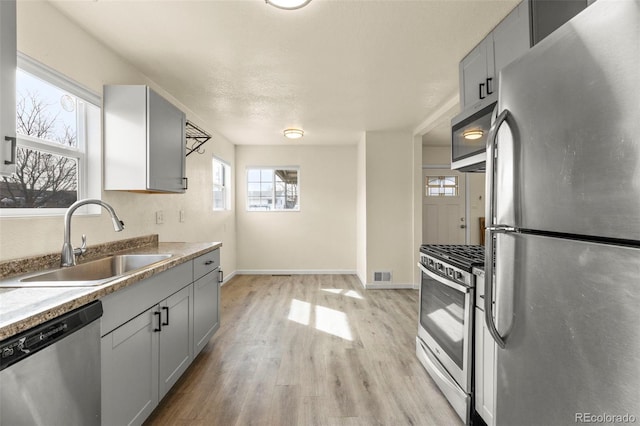kitchen featuring a sink, appliances with stainless steel finishes, baseboards, visible vents, and light wood-style floors