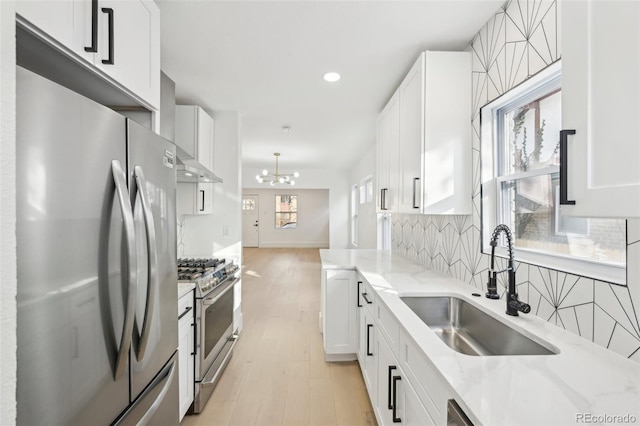 kitchen with white cabinetry, sink, a notable chandelier, and stainless steel appliances