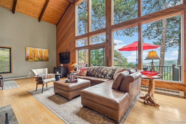 living room featuring a baseboard heating unit, light hardwood / wood-style floors, beam ceiling, high vaulted ceiling, and wooden ceiling