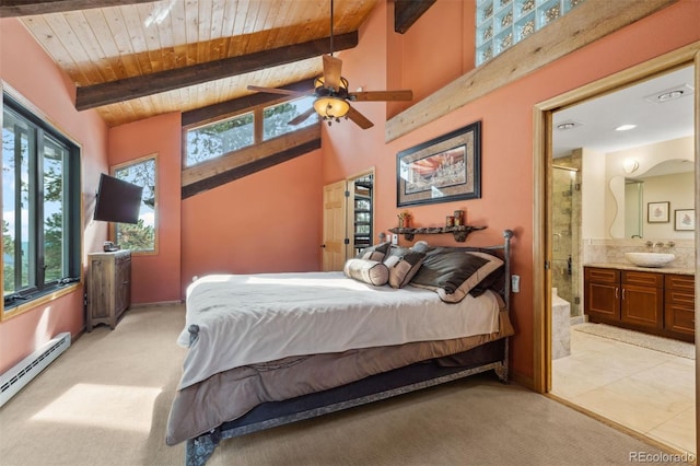 carpeted bedroom featuring connected bathroom, baseboard heating, wooden ceiling, ceiling fan, and sink