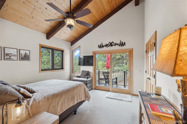 bedroom featuring wood ceiling, beamed ceiling, access to outside, light carpet, and ceiling fan