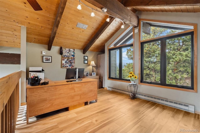 unfurnished office with lofted ceiling with beams, light wood-type flooring, baseboard heating, and wood ceiling