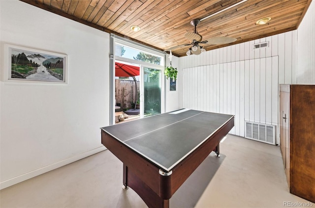 playroom featuring ceiling fan, wooden ceiling, and wooden walls