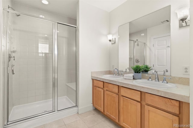 bathroom featuring double vanity, visible vents, a shower stall, and a sink