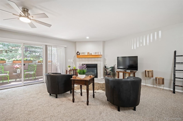 23612 Pondview Pl Unit A, Golden, CO 80401 - living area featuring carpet flooring, a fireplace, and ceiling fan