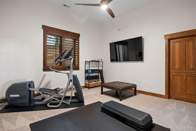 workout room with ceiling fan, carpet, visible vents, and baseboards