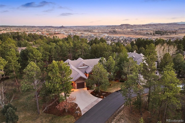 view of aerial view at dusk