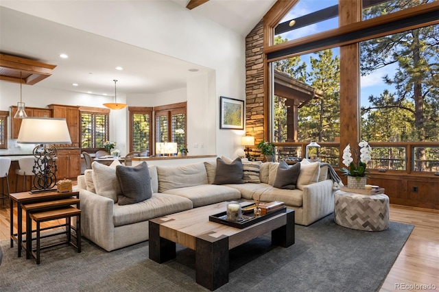living room with wood finished floors, high vaulted ceiling, and recessed lighting