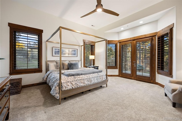 carpeted bedroom with access to exterior, baseboards, recessed lighting, and ceiling fan