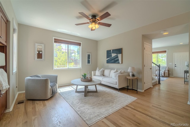 2908 Open Sky Way, Castle Rock, CO 80109 - living room featuring a ceiling fan and light wood finished floors
