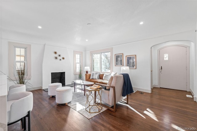 living room featuring dark hardwood / wood-style floors