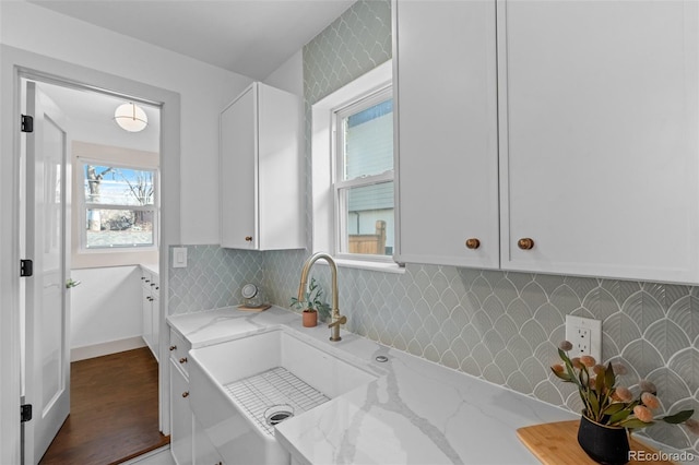 laundry area with dark hardwood / wood-style floors and sink