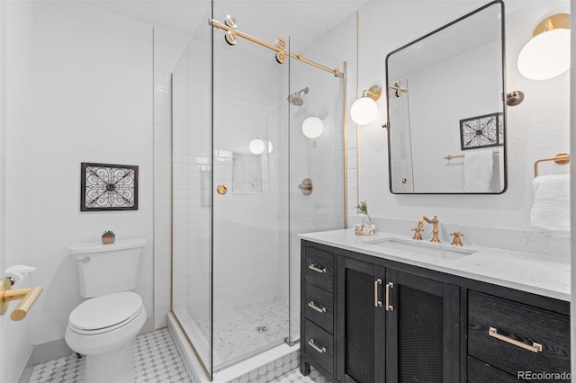 bathroom featuring walk in shower, tile patterned floors, vanity, and toilet