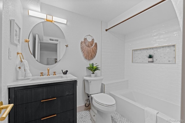 full bathroom with vanity, toilet, tiled shower / bath combo, and tile patterned flooring