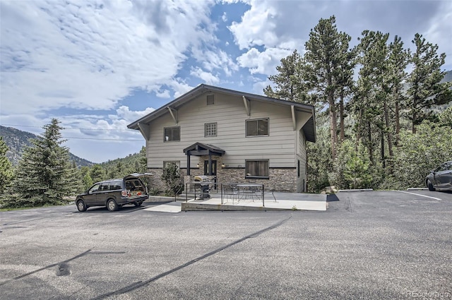 view of front of home featuring stone siding and a mountain view