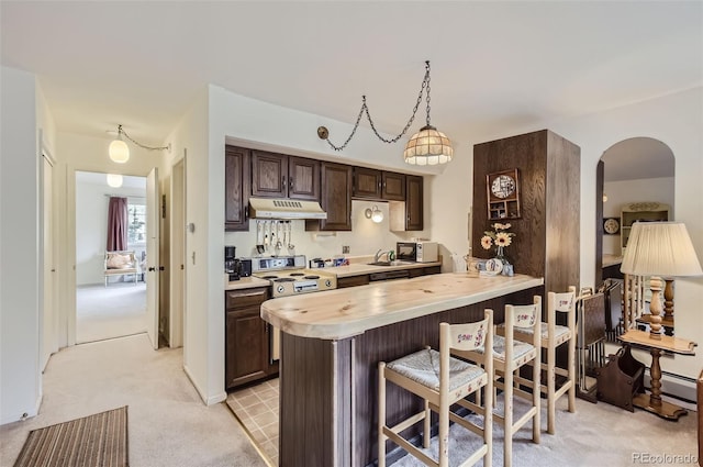 kitchen featuring a kitchen bar, light carpet, under cabinet range hood, a peninsula, and dark brown cabinets