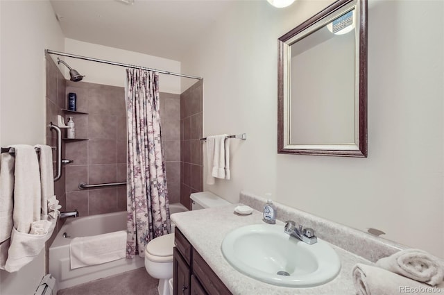 bathroom with a baseboard radiator, shower / bath combo with shower curtain, toilet, and vanity