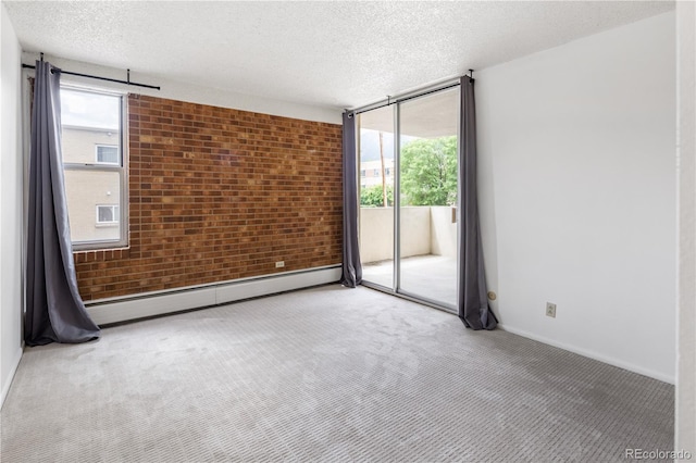 850 20th St Unit 201, Boulder, CO 80302 - carpeted spare room with a baseboard radiator, brick wall, healthy amount of natural light, baseboards, and a textured ceiling