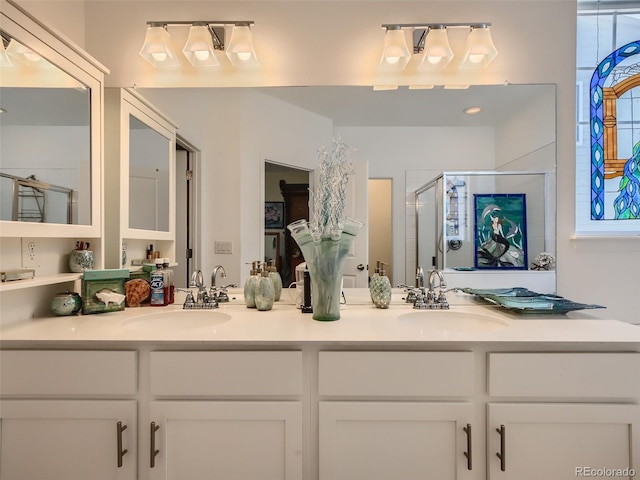 bathroom with vanity and walk in shower