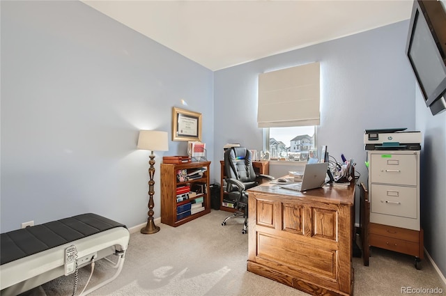 home office featuring light colored carpet