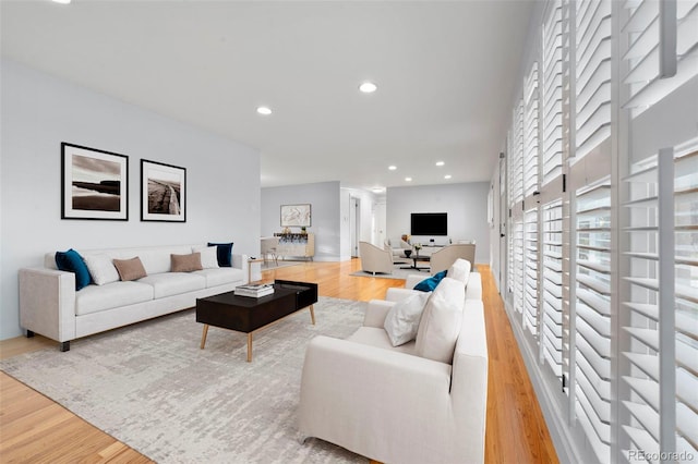 living room with light hardwood / wood-style flooring