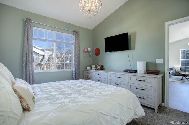 bedroom with vaulted ceiling, light carpet, and a notable chandelier