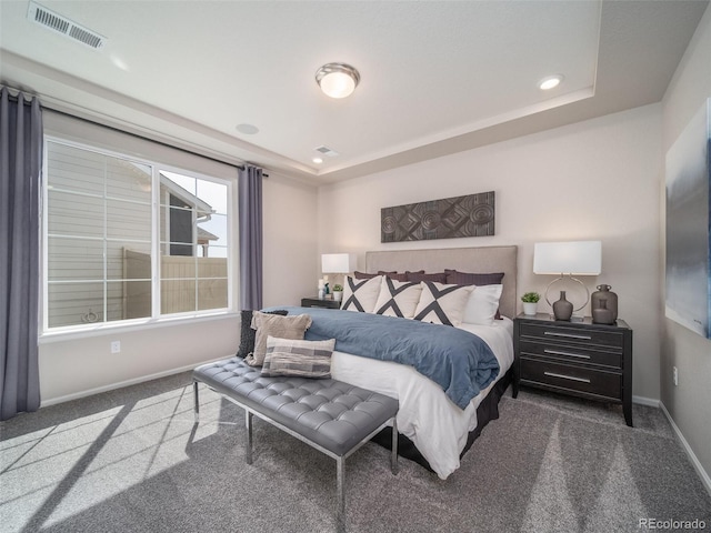 carpeted bedroom featuring a tray ceiling