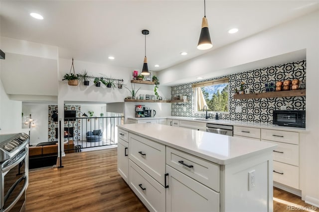 kitchen with white cabinetry, wood-type flooring, stainless steel dishwasher, and decorative backsplash