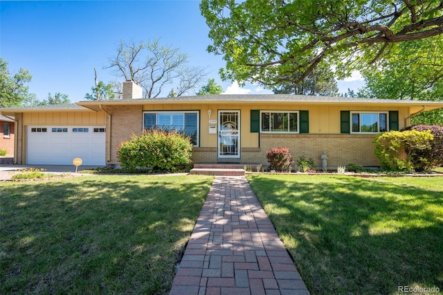 2744 S Newton Way, Denver, CO 80236 - single story home with brick siding, a chimney, board and batten siding, a garage, and a front lawn