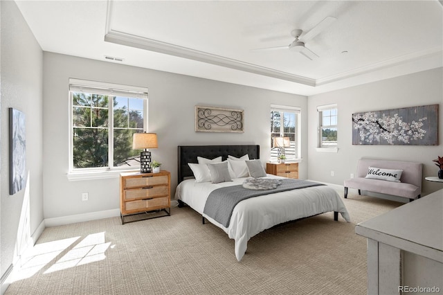 6877 Northstar Ct, Castle Rock, CO 80108 - bedroom with a raised ceiling, light carpet, and ceiling fan