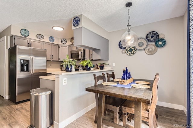 8252 S Fillmore Cir, Centennial, CO 80122 - kitchen featuring stainless steel appliances, gray cabinetry, a peninsula, light wood finished floors, and a textured ceiling