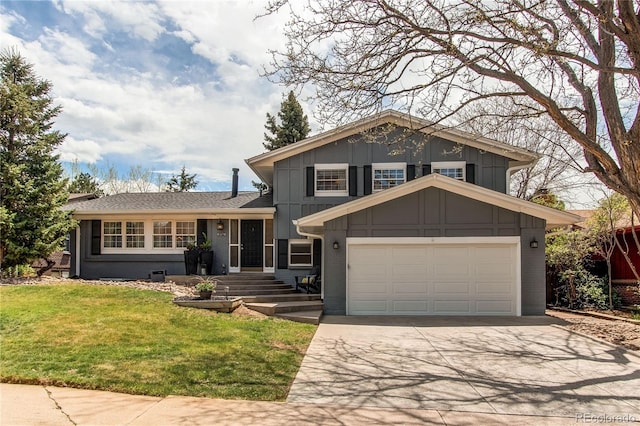 split level home with brick siding, driveway, a front yard, and a garage