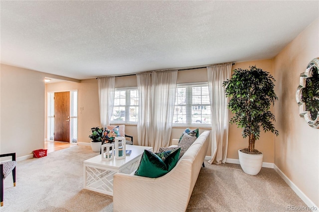 living area with a textured ceiling, light carpet, and baseboards