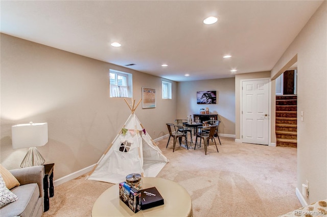 rec room with recessed lighting, carpet flooring, baseboards, and visible vents