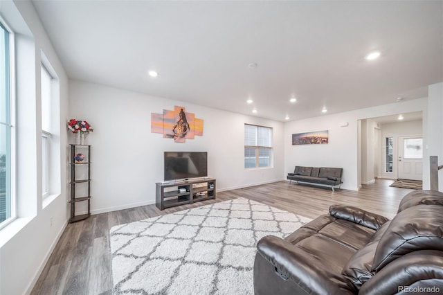 living area with recessed lighting, baseboards, and wood finished floors