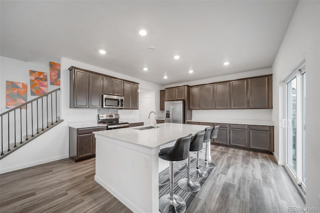 kitchen featuring light countertops, light wood-style flooring, appliances with stainless steel finishes, a sink, and an island with sink