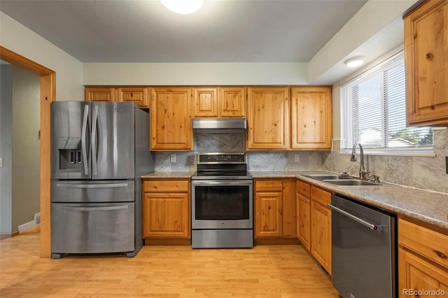 kitchen featuring appliances with stainless steel finishes, sink, light wood-type flooring, and decorative backsplash