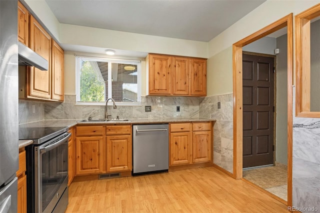 kitchen featuring appliances with stainless steel finishes, sink, backsplash, and light hardwood / wood-style floors