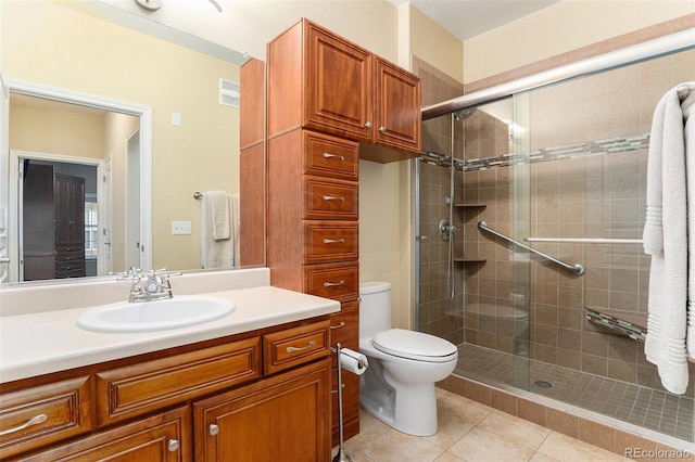 full bathroom with vanity, toilet, tile patterned floors, a shower stall, and visible vents
