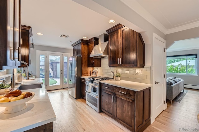 3530 E 8th Ave, Denver, CO 80206 - kitchen with stainless steel appliances, wall chimney range hood, dark brown cabinets, light wood-style flooring, and backsplash