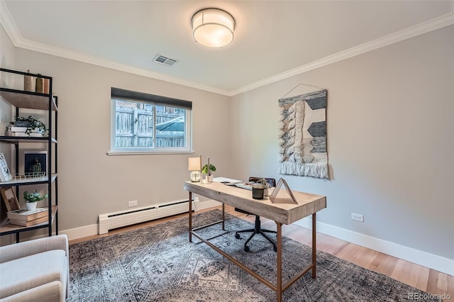 3530 E 8th Ave, Denver, CO 80206 - office with a baseboard heating unit, crown molding, and wood finished floors