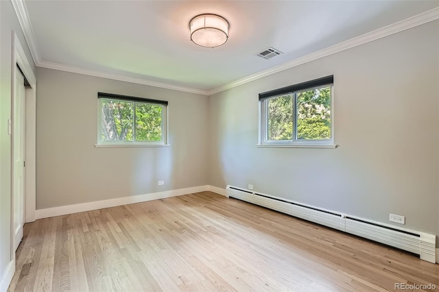 3530 E 8th Ave, Denver, CO 80206 - unfurnished bedroom with a baseboard radiator, multiple windows, ornamental molding, and wood finished floors