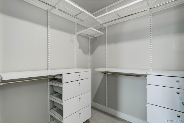 walk in closet with light colored carpet